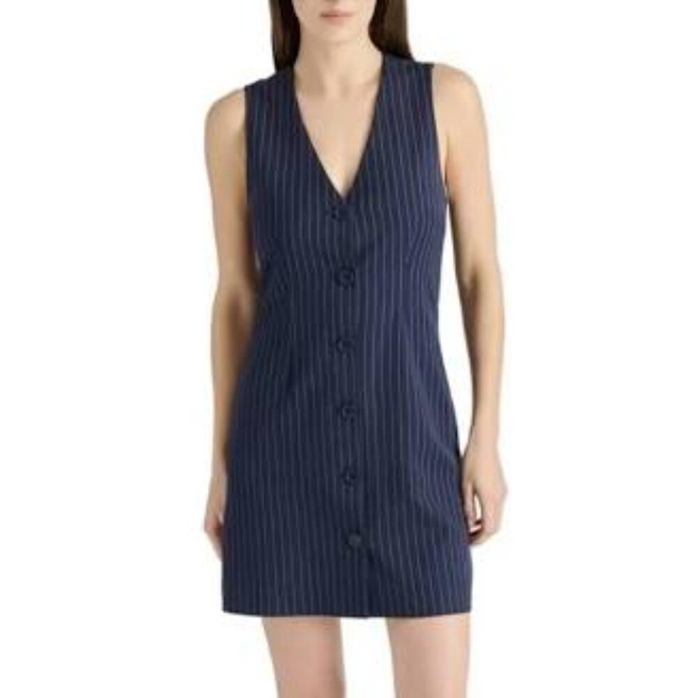 NWT Steve Madden Pinstripe Sleeveless V-Neck Button Front Dress - Small - Picture 1 of 12